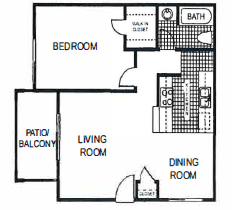 Floor plan for 1 bed, 1 bath, 670 sqft